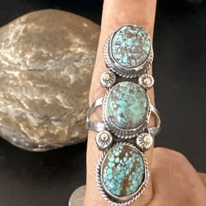 Navajo Blue Spiderweb Turquoise Multi-Stone Ring | Authentic Native American Sterling Silver | Sz 10 | 16710