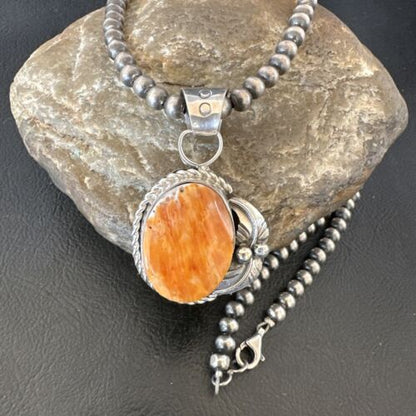 Navajo Orange Spiny Oyster Pendant Necklace | Sterling Silver Pearls | Authentic Native American Handmade | 16557