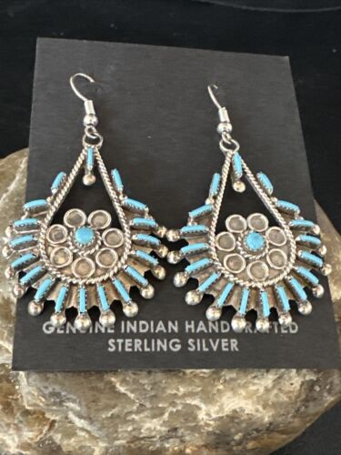 Zuni Kingman Turquoise Needle Point Dangle Earrings | Sterling Silver | Authentic Native American Handmade | 14876