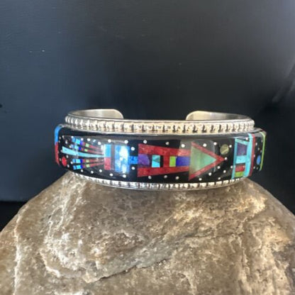 Men's Navajo Black Onyx Coral Turquoise Sterling Silver Cuff Bracelet Inlay | 16122