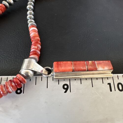 Navajo Red Spiny Oyster Pendant Necklace | Sterling Silver Inlay | Authentic Native American Handmade | 16883