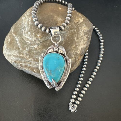 Navajo Blue Turquoise Pendant Necklace | Sterling Silver Pearls | Authentic Native American Handmade | 15646