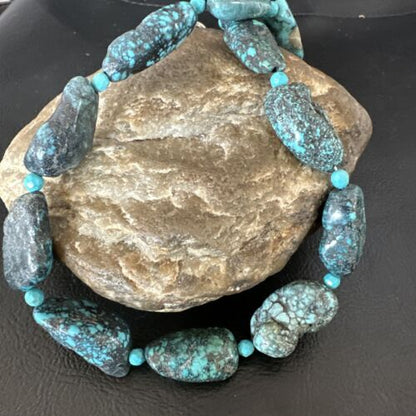 Navajo Blue Nugget Turquoise Bead Necklace | Sterling Silver Pearls | 20" | Authentic Native American Handmade | 16003