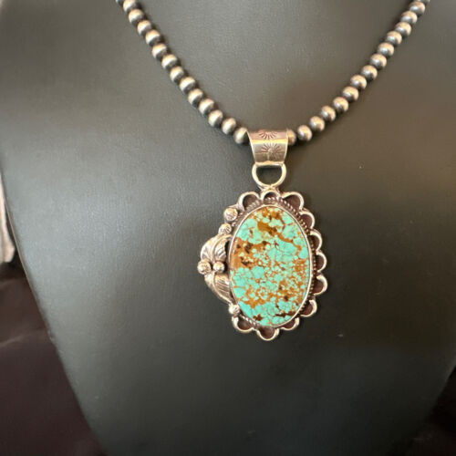 Navajo Blue #8 Turquoise Pendant Necklace | Sterling Silver Pearls | Authentic Native American Handmade | 15508