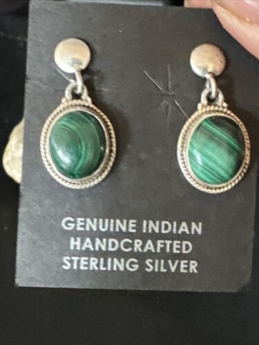 Navajo Green Malachite Dangle Earrings | Sterling Silver | Authentic Native American Handmade | 14922