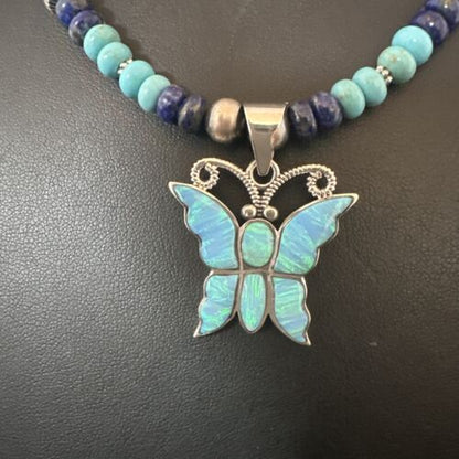 Navajo Opal Inlay Pendant Turquoise & Lapis | Sterling Silver Necklace | 16845