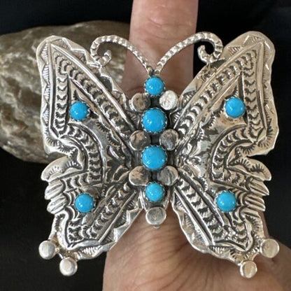 Navajo Turquoise Butterfly Ring | Authentic Native American Sterling Silver | Multi-Stone | Adjustable Women's Sz 8 | 16169