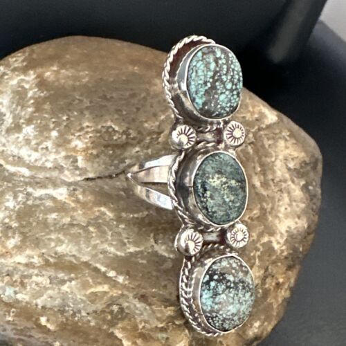 Navajo Blue Spiderweb Turquoise Multi-Stone Ring | Authentic Native American Sterling Silver | Sz 9 | 16707