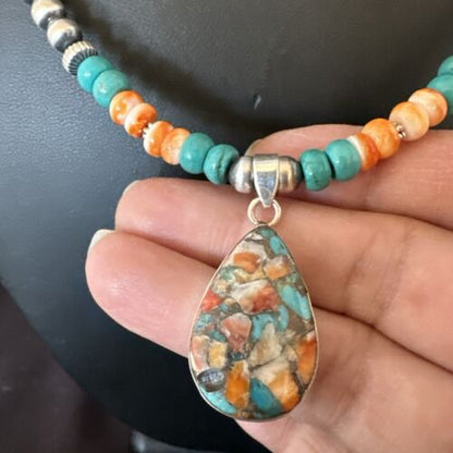 Navajo Spiny Turquoise Pendant Necklace | Sterling Silver | 22" | Authentic Native American Handmade | 17414