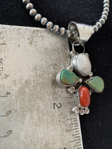 Navajo Turquoise & Coral Naja Pendant Necklace | Sterling Silver | Native American Handmade | 1477