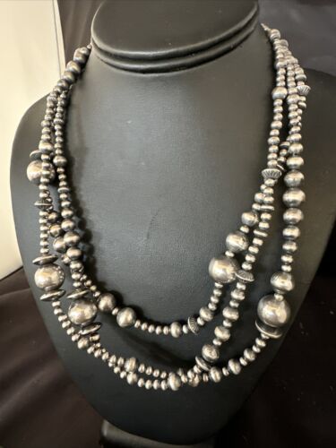 Navajo Pearls Mixed Bead Bib Necklace | Sterling Silver | 3-Strand | 20" | Authentic Native American Handmade | 14954