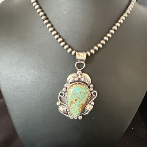 Navajo Blue Turquoise #8 Pendant | Sterling Silver Necklace with Pearls | Authentic Native American Handmade | 15901