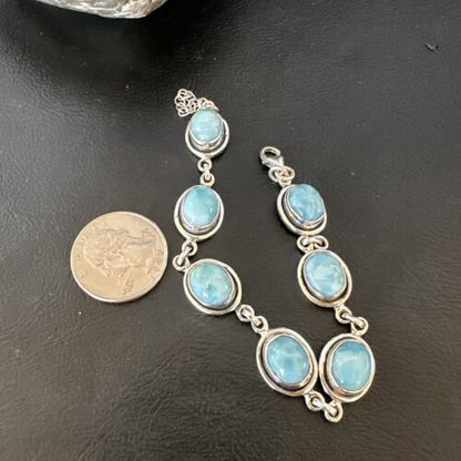 Navajo Blue Larimar Bracelet | Sterling Silver Link | 8" | Authentic Native American Handmade | 16076