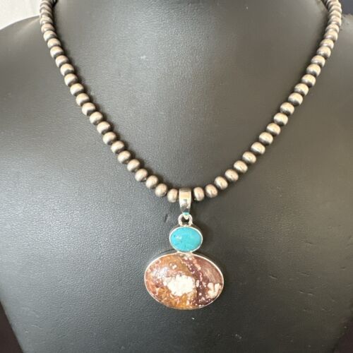 Navajo Wild Horse Blue Kingman Turquoise Necklace | Sterling Silver | 17337