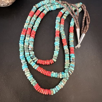 Women's Turquoise Spiny Oyster 3-Strand Necklace | Navajo Pearl Sterling Silver | 15157