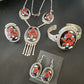 Native American Zuni Inlay Necklace Earrings Bracelet Set | Turquoise Onyx Coral | Sterling Silver | 16168