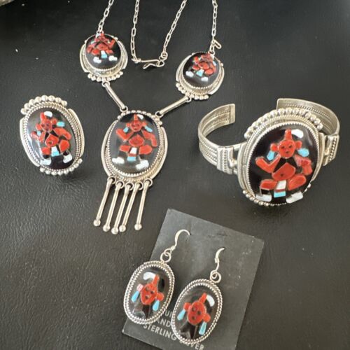 Native American Zuni Inlay Necklace Earrings Bracelet Set | Turquoise Onyx Coral | Sterling Silver | 16168