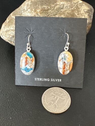 Navajo Blue Turquoise & Orange Spiny Oyster Inlay Dangle Earrings | Sterling Silver | 15587