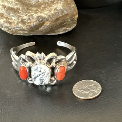 White Buffalo Turquoise Coral Navajo Tufa Cuff Bracelet | Sterling Silver | Authentic Native American Handmade | 16408