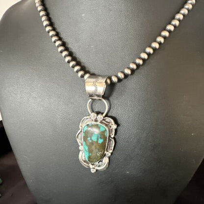Navajo Blue Spiderweb Turquoise Pendant Necklace | Sterling Silver Pearls | Authentic Native American Handmade | 15095 - Masha USA