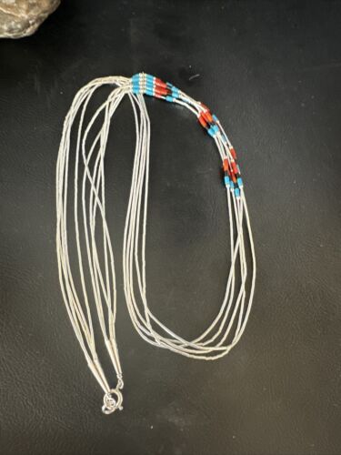Multi-Color Liquid Silver Heishi Necklace | 5-Strand Sterling Tubes | 25" | Authentic Native American Handmade | 15136