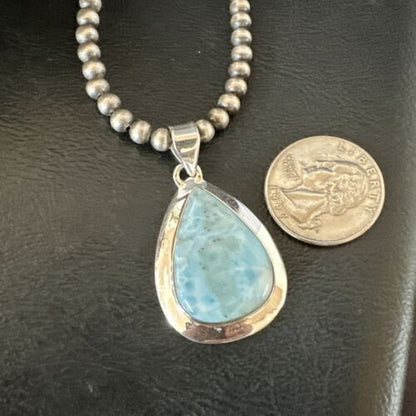 Navajo Blue Larimar Pendant Necklace | Sterling Silver Beads | Authentic Native American Handmade | 17562