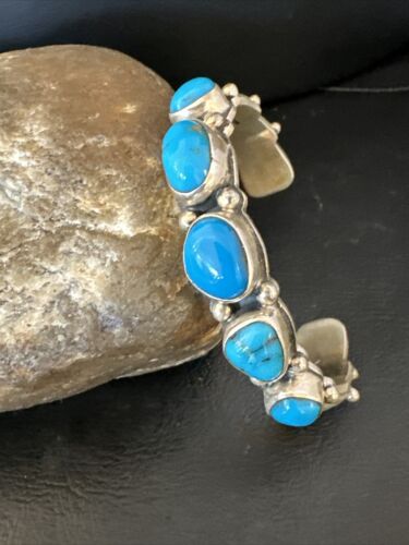 Navajo Blue Kingman Turquoise Cuff Bracelet | Sterling Silver | 5 Stone | Authentic Native American Handmade | 15988