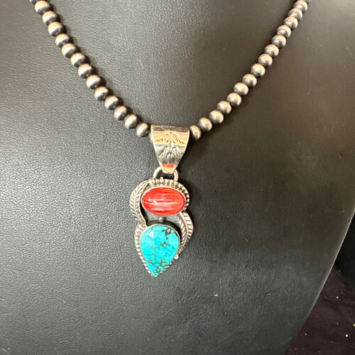 Navajo Blue Turquoise Red Spiny Oyster Pendant Necklace | Sterling Silver | Multi-Stone | 16291