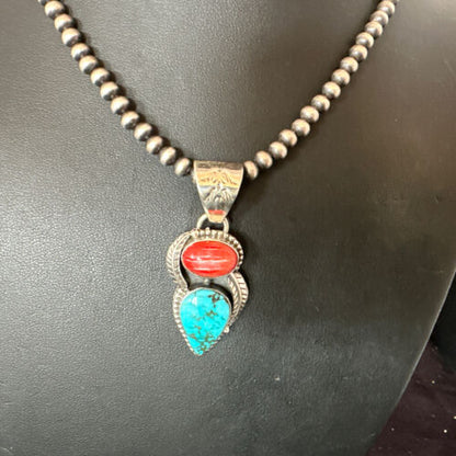 Navajo Blue Turquoise Red Spiny Oyster Pendant Necklace | Sterling Silver | Multi-Stone | 16291