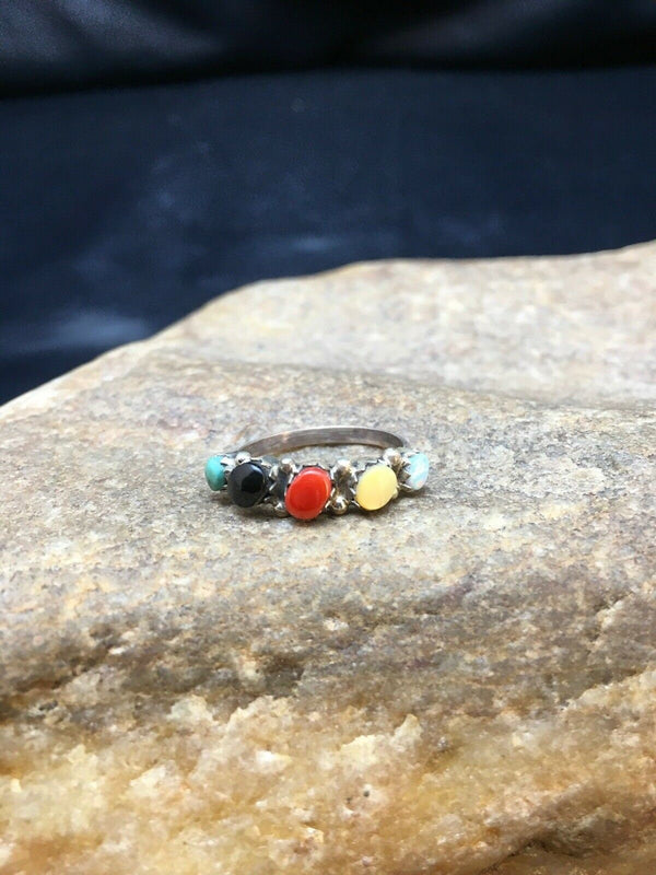 Zuni Blue Opal Coral Turquoise Ring | Authentic Native American Sterling Silver | Multi-Stone | Sz 6.5 | 8999