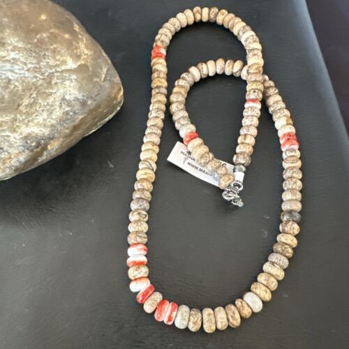 Navajo Red Spiny Oyster Jasper Necklace | Sterling Silver | 23" | Authentic Native American Handmade | 10156