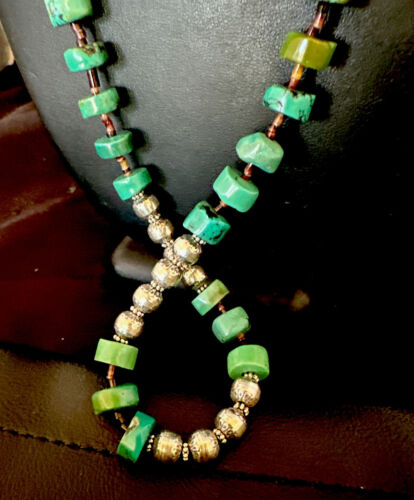 Navajo Blue Green Turquoise Heishi Bead Necklace | Sterling Silver | 24" | 16283