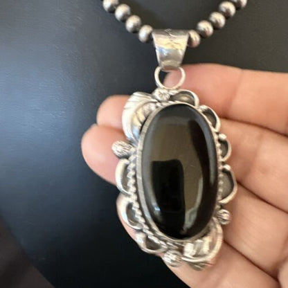 Navajo Pearls Black Onyx Necklace Pendant | Sterling Silver | Authentic Native American Handmade | 16531