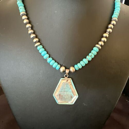 Navajo Turquoise Inlay Pendant Necklace | Sterling Silver | Authentic Native American Handmade | 17076