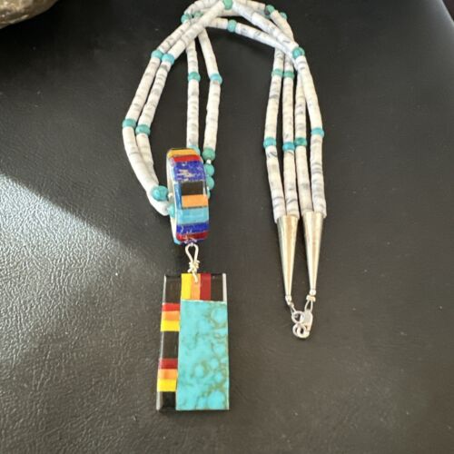 Santo Domingo Multi-Color Turquoise Necklace with Inlay Pendant | Sterling Silver | 24" | 16857 - Masha USA