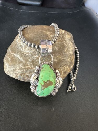 Navajo Green Gaspeite Pendant Necklace | Sterling Silver | Authentic Native American Handmade | 14998