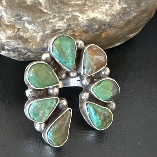 Navajo Green Turquoise Cluster Ring | Authentic Native American Sterling Silver | Multi-Stone | Sz 9 | 15660