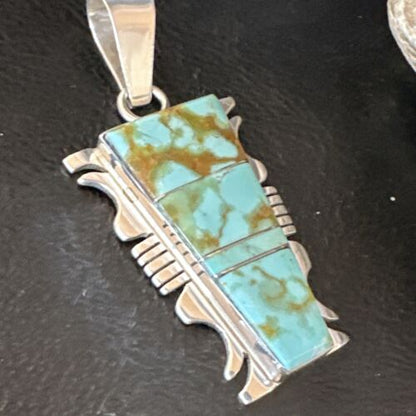 Navajo Blue #8 Turquoise Inlay Pendant | Sterling Silver | 2" | Authentic Native American Handmade | 15683