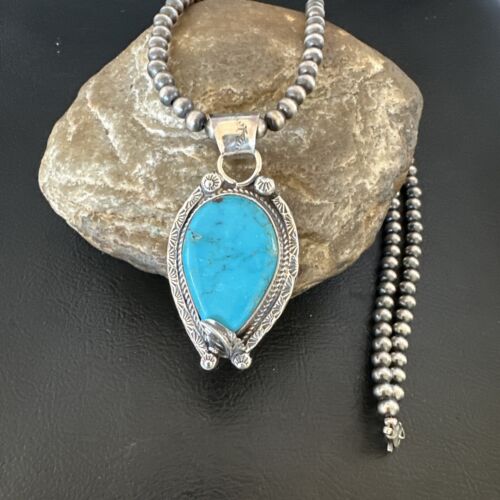Navajo Blue Turquoise Pendant Necklace | Sterling Silver Pearls | Authentic Native American Handmade | 15645