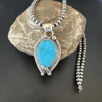 Navajo Blue Turquoise Pendant Necklace | Sterling Silver Pearls | Authentic Native American Handmade | 15645