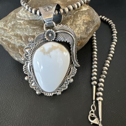 Navajo White Buffalo Turquoise Pendant Necklace | Sterling Silver | Authentic Native American Handmade | 15618