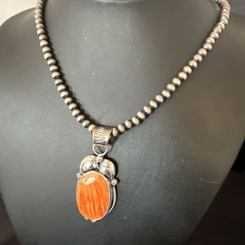 Navajo Orange Spiny Oyster Pendant Necklace | Sterling Silver | Authentic Native American Handmade | 15627