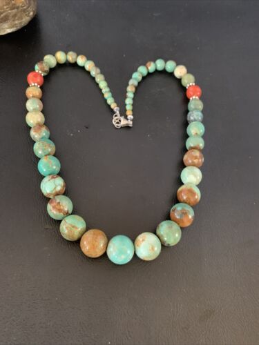 Navajo Green Turquoise & Apple Coral Graduated Necklace | Sterling Silver | Authentic Native American | 18" | 13200