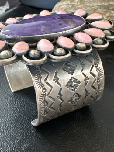 Navajo Sugilite Pink Conch Cuff Bracelet | Sterling Silver | Authentic Native American Handmade | 15853