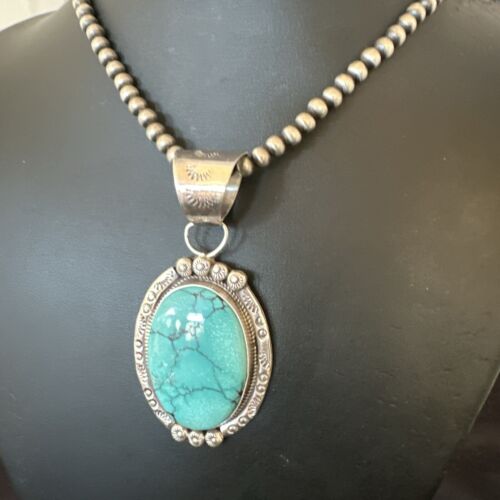 Men's Blue Spiderweb Turquoise Pendant Necklace | Navajo Sterling Silver | Authentic Native American Handmade | 17124