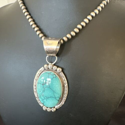 Men's Blue Spiderweb Turquoise Pendant Necklace | Navajo Sterling Silver | Authentic Native American Handmade | 17124