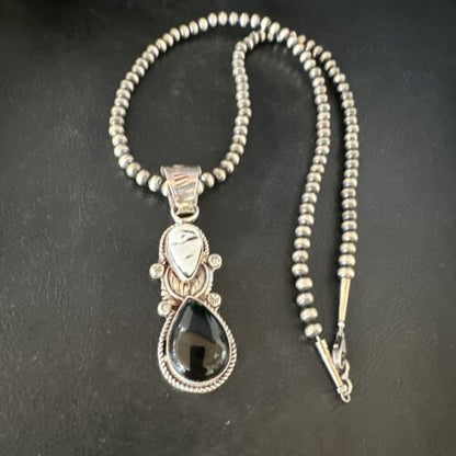Women's White Buffalo Turquoise Onyx Necklace Pendant | Sterling Silver | Multi-Stone | 15314