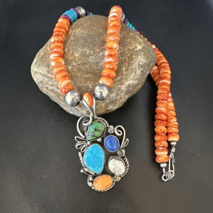 Navajo Blue Turquoise Spiny Oyster Pendant | Sterling Silver Bead Necklace | Multi-Stone | 15058