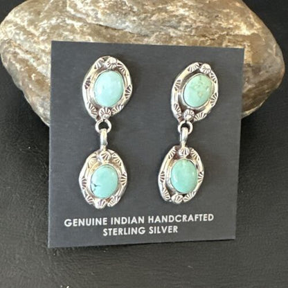 Dry Creek Turquoise Navajo Post Dangle Earrings | Sterling Silver | 1.5" | Authentic Native American Handmade | 17383