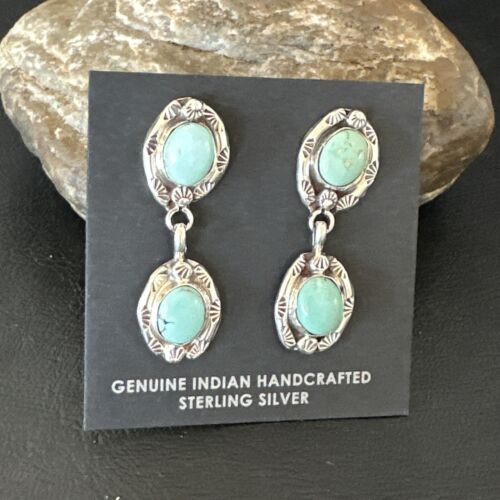 Dry Creek Turquoise Navajo Post Dangle Earrings | Sterling Silver | 1.5" | Authentic Native American Handmade | 17383